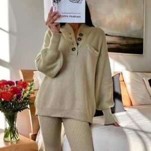 Lunya Cotton Silk Knit Henley Pullover Sweater Soft Green